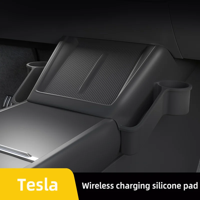 For Tesla Model 3/Y Central Wireless Charging Mat With Dual Cup Holders & Phone Pockets, Anti‑Slip Dust‑Proof No‑Rattle Silicone