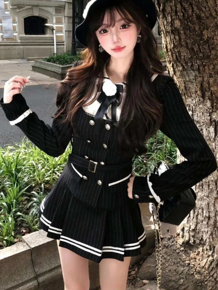 Ensemble 2 pièces pour femmes, Style Preppy, Vintage, foncé, Slim, rayé, manteau, hauts, Mini jupe plissée, costume, tenues uniformes élégantes, automne