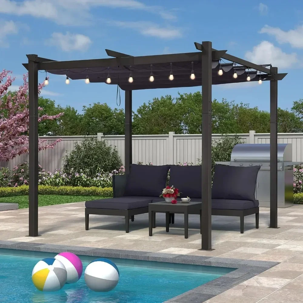 Pérgola retráctil con cadena de luces para exteriores, toldo doble para sombra, Patio, pérgola de aluminio para Patio trasero, cubierta de jardín, 10 'x 10'