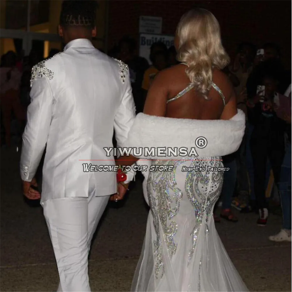 Luxury Sparkly Appliques Wedding Suits For Men Italian Design White Jacket Pants 2 Pieces Groom Tuxedos Male Fashion Prom Blazer