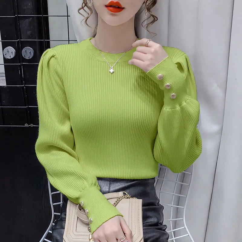 Women\'s Round Neck Puff Sleeve Knitted Pullovers, Button Sweaters, Bottoming Shirt, Korean Top, Elegant Fashion, Spring, Autumn