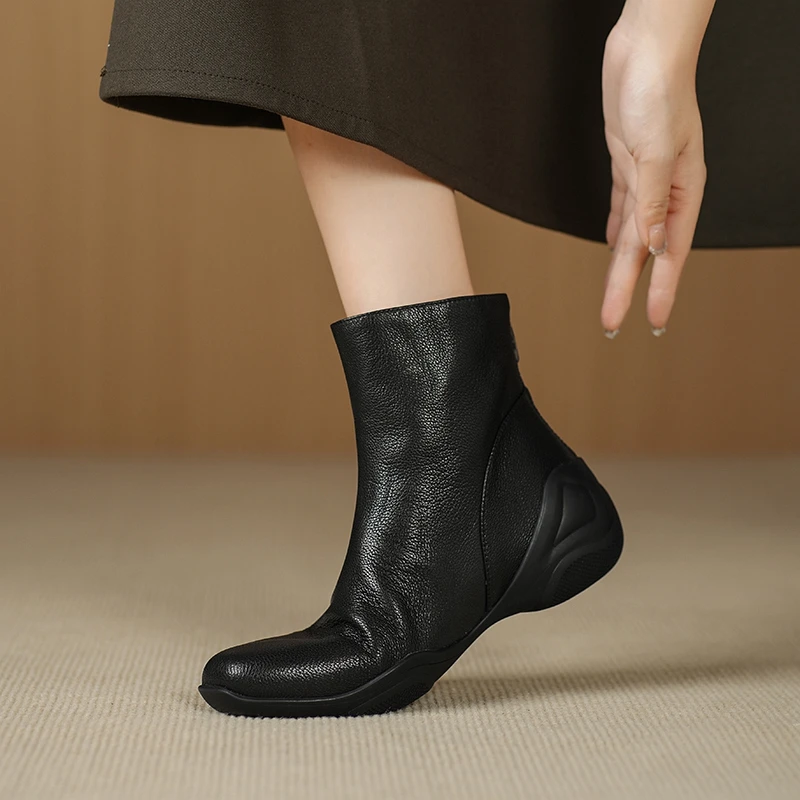2026 new autumn winter natural leather women ankle boots 22-25cm soft sheepskin round toe back zip flat heel short boots fashion