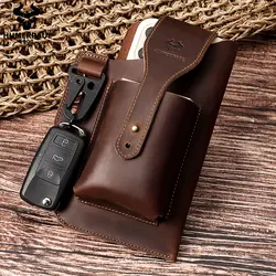 HUMERPAUL Men's Waist Bag Crazy Horse Leather Mobile Phone Belt Bag Portable Multifunctional Cigarette Outdoor Fanny Pouch