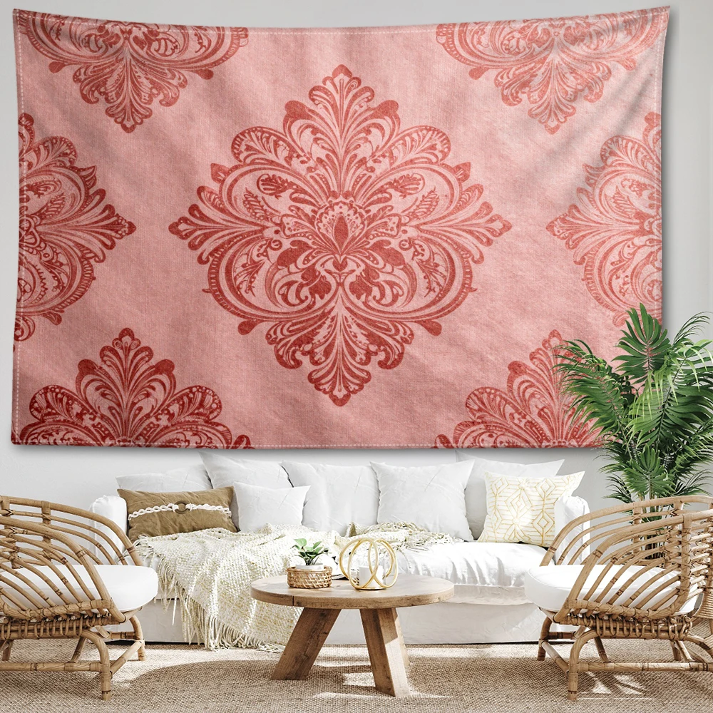 Pink Paisley Floral Symmetry Printed Tapestry Wall Hanging Bohemian Style Bedroom Home Decor