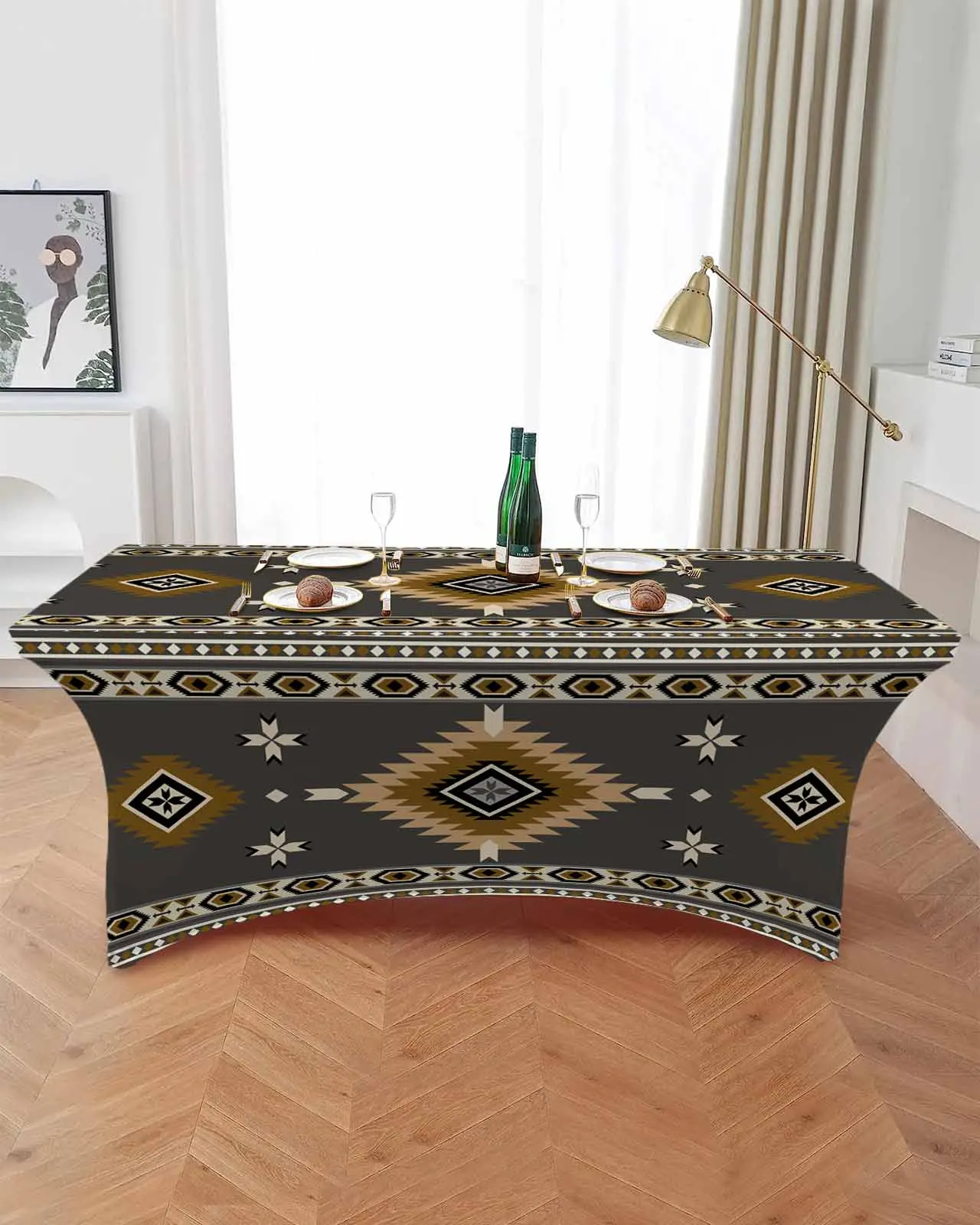 Bohemian Geometric Decoration Rectangular Elastic Table Skirt Wedding Hotel Table Cover Holiday Dining Table Tablecloth