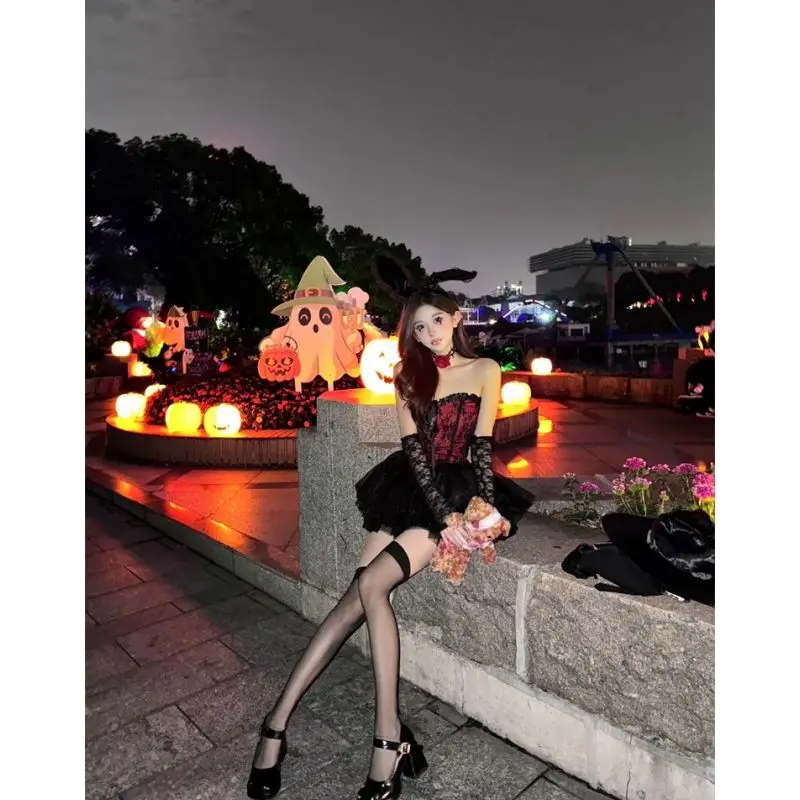 Halloween Pure Desire Set Women's Autumn New Style Strapless Top Mesh Splicing Puffy Skirt Two Piece Set