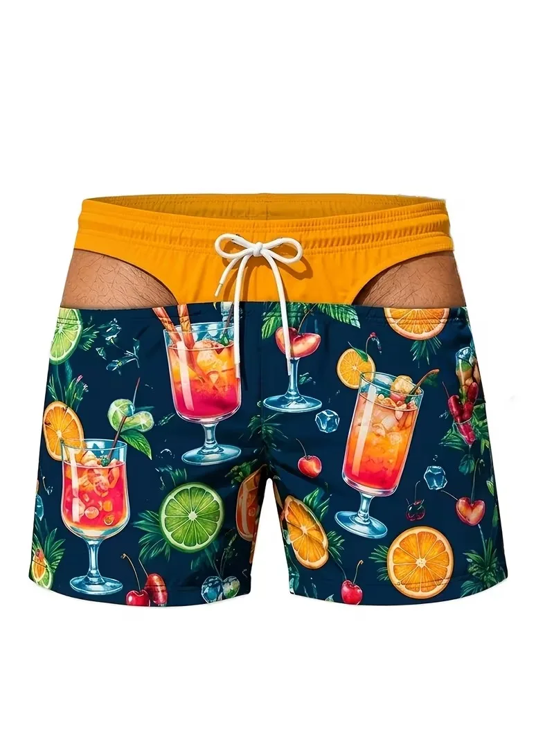 Men's Low-Rise Summer Beach Shorts – Quick-Dry Swim Trunks with Fun Tropical Cocktail & Fruit Prints – Casual Wear for Seaside V