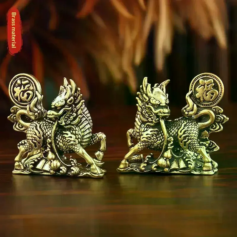 2pcs/set Brass Fu Character Kirin Small Ornament Home Office Copperware Tea Pet Decoration