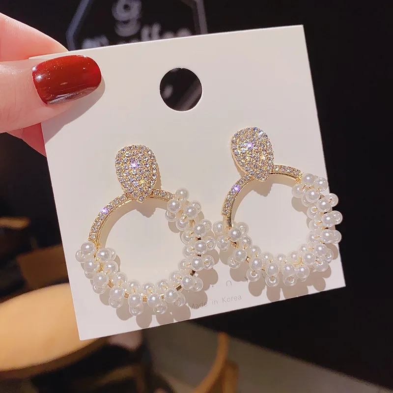 New Fashion Round Pearl Earrings Women Geometric Zircon Heart Gold Color Earring Wedding Accessories Gifts 2020 Trendy Jewelry