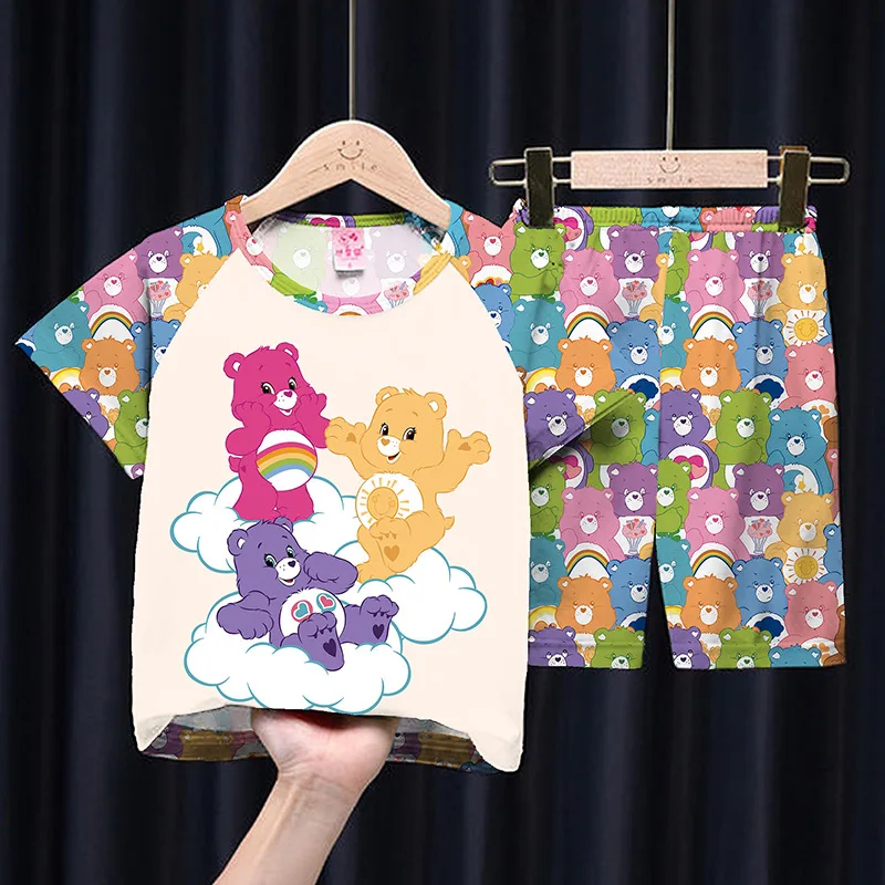 Disney Summer Children's Pajamas Short Sleeve Girl Cartoon Carebear Rainbow Bear Home Clothes Set Pajama Sleepwear Robe Clothing