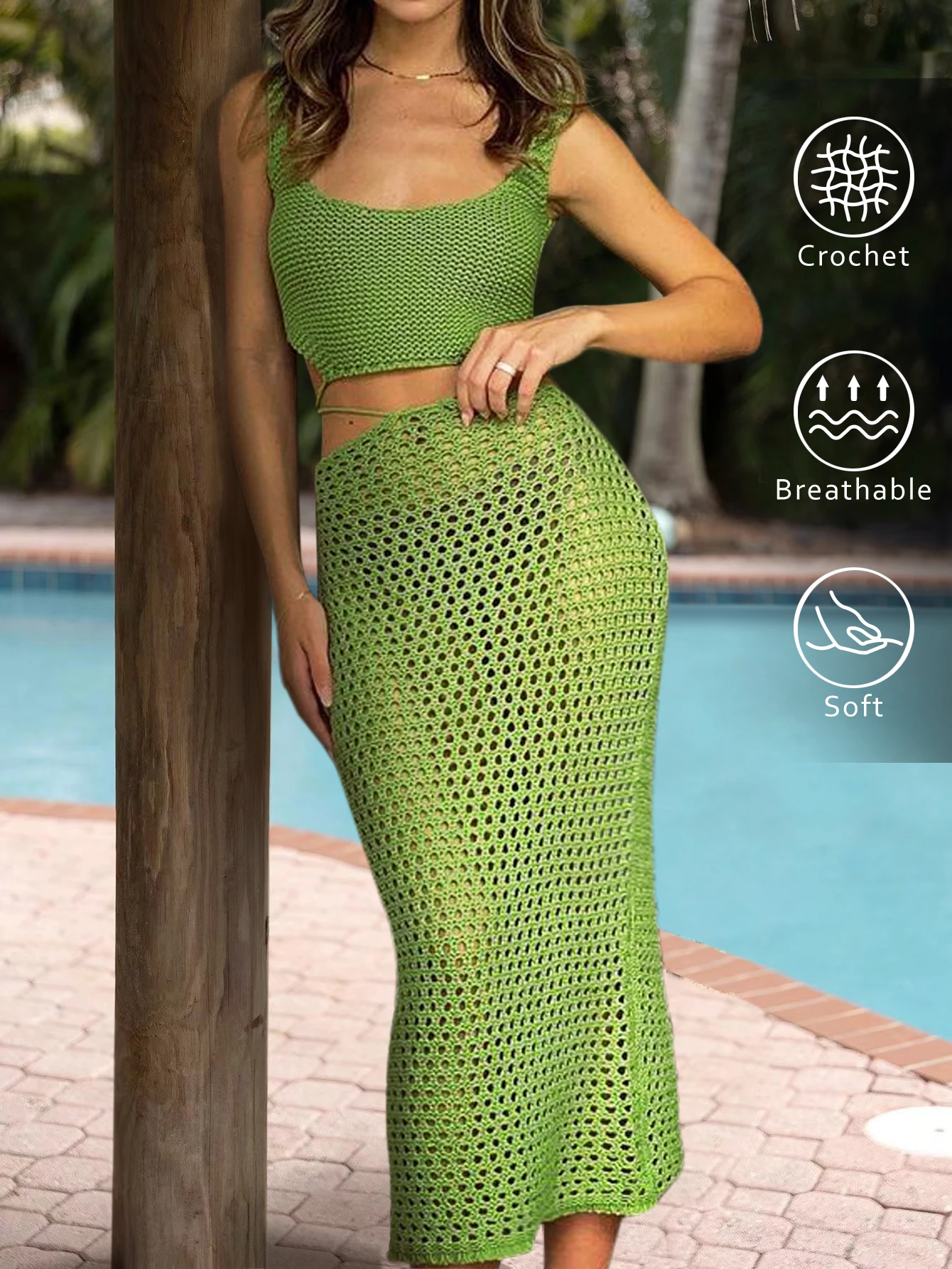 Women Crochet Knitted Skirts Set Hollow Out Swimsuit Crop Tops Cover Ups Long Skirts Knitted Outfits Set Swim Beachwear