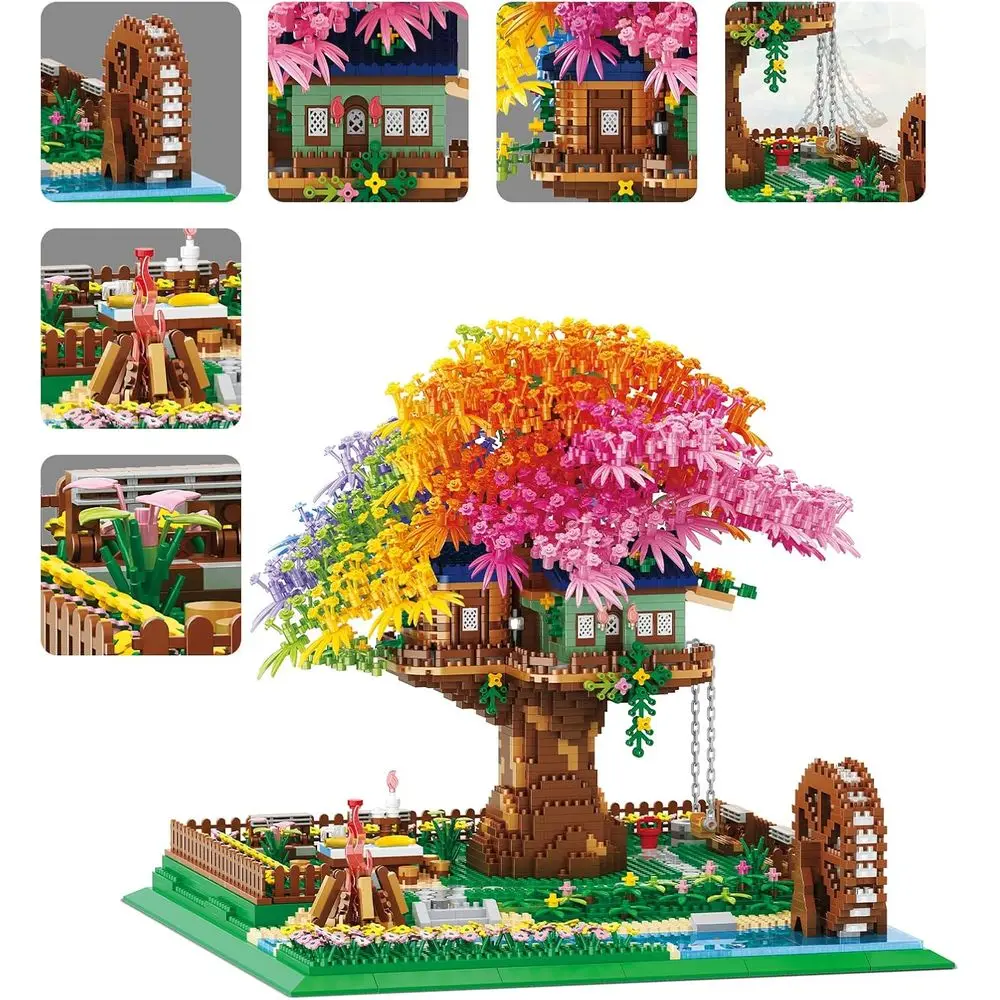 Illuminating Rainbow Flower Building Blocks and 4451-Piece Cherry Blossom Bonsai Tree Architecture Kit for Adults