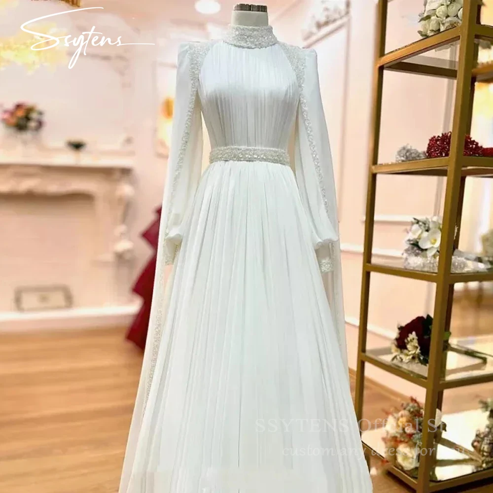 

SSYTENS Muslim High Collar Ivory Wedding Dresses Paillette Cape Long Sleeves Belt Brideing Gowns Customized robe de mariée 2025