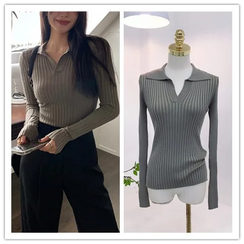 Sweter z dzianiny o dopasowanym kroju, z kołnierzykiem polo w stylu francuskim, 14 igieł, gęsty, nierozciągliwy, prążkowany, model 7375.