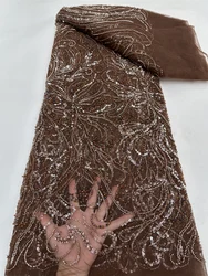 Brown African Heavy Beaded Lace Fabric, Nigerian Sequins Groom Fabric, Wedding Party Dress, High Quality, 5 Yards, 2024