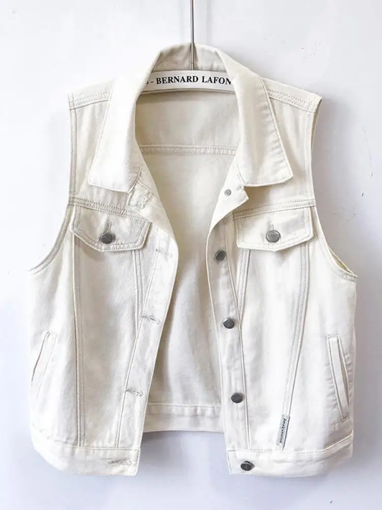 

Summer Korean Version Vintage White Denim Single Breasted Short Tank Tops Women Elegant Sleeveless Versatile Jean Vest Clothing