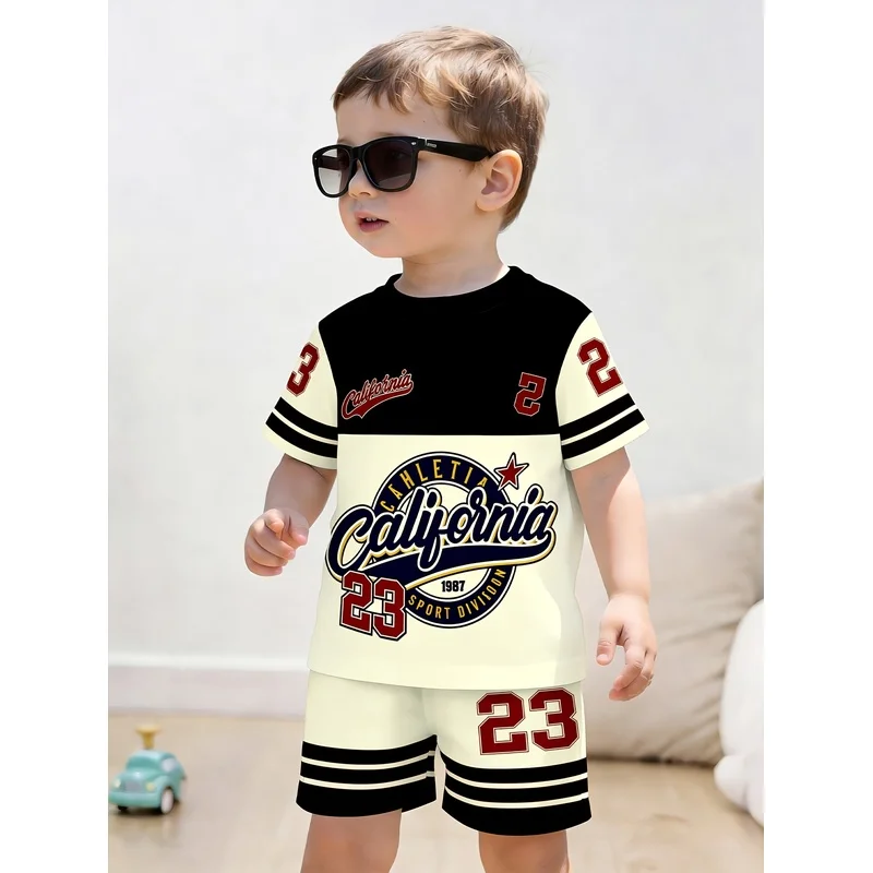 Boys' Striped Patch With Sports Style 23 Pattern 3D Printed Short Sleeved Sports Shorts Set, Casual Sports 2-Piece Set