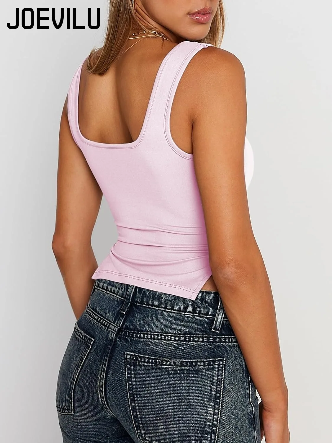 JOEVILU المرأة الخروج المحاصيل القمم عارية الذراعين سبليت تانك القمم الصيف Y2k في سن المراهقة الفتيات أساسيات لطيف الملابس العصرية الملكة سترة غير رسمية