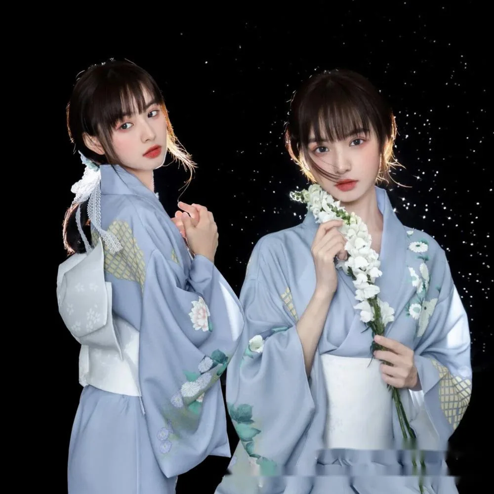 

New kimono women's formal wear traditional Japanese style improved light blue kimono Yukata photo travel clothing