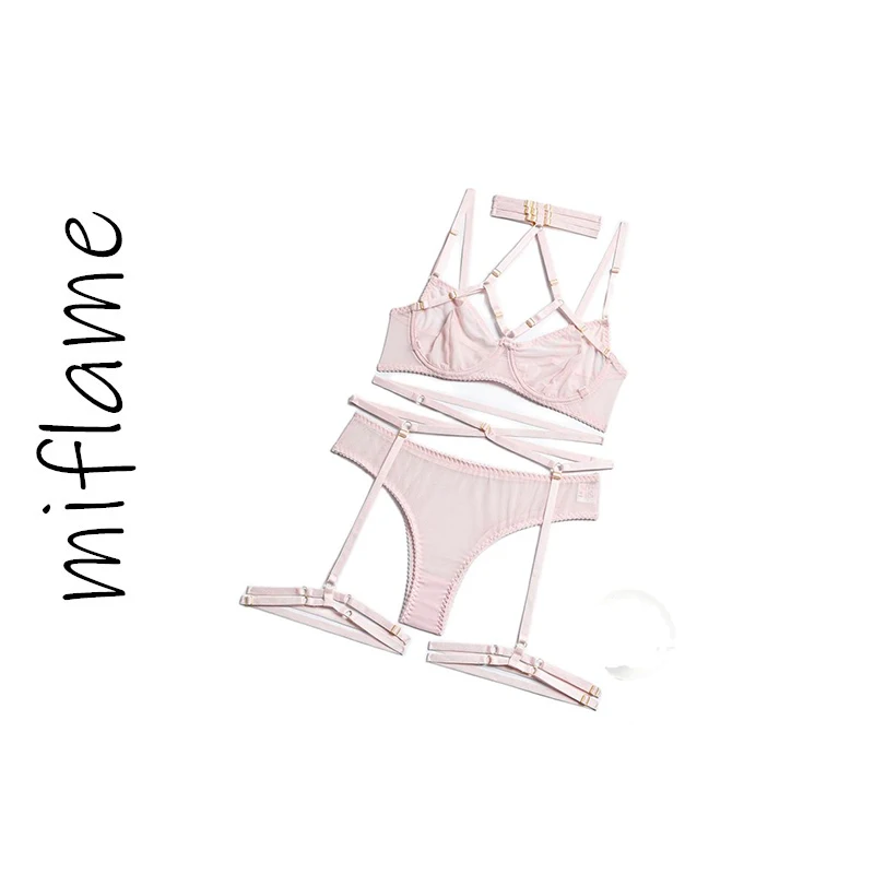 miflame-Mesh stitching complex heavy technology neck cross body shaping sexy underwear set