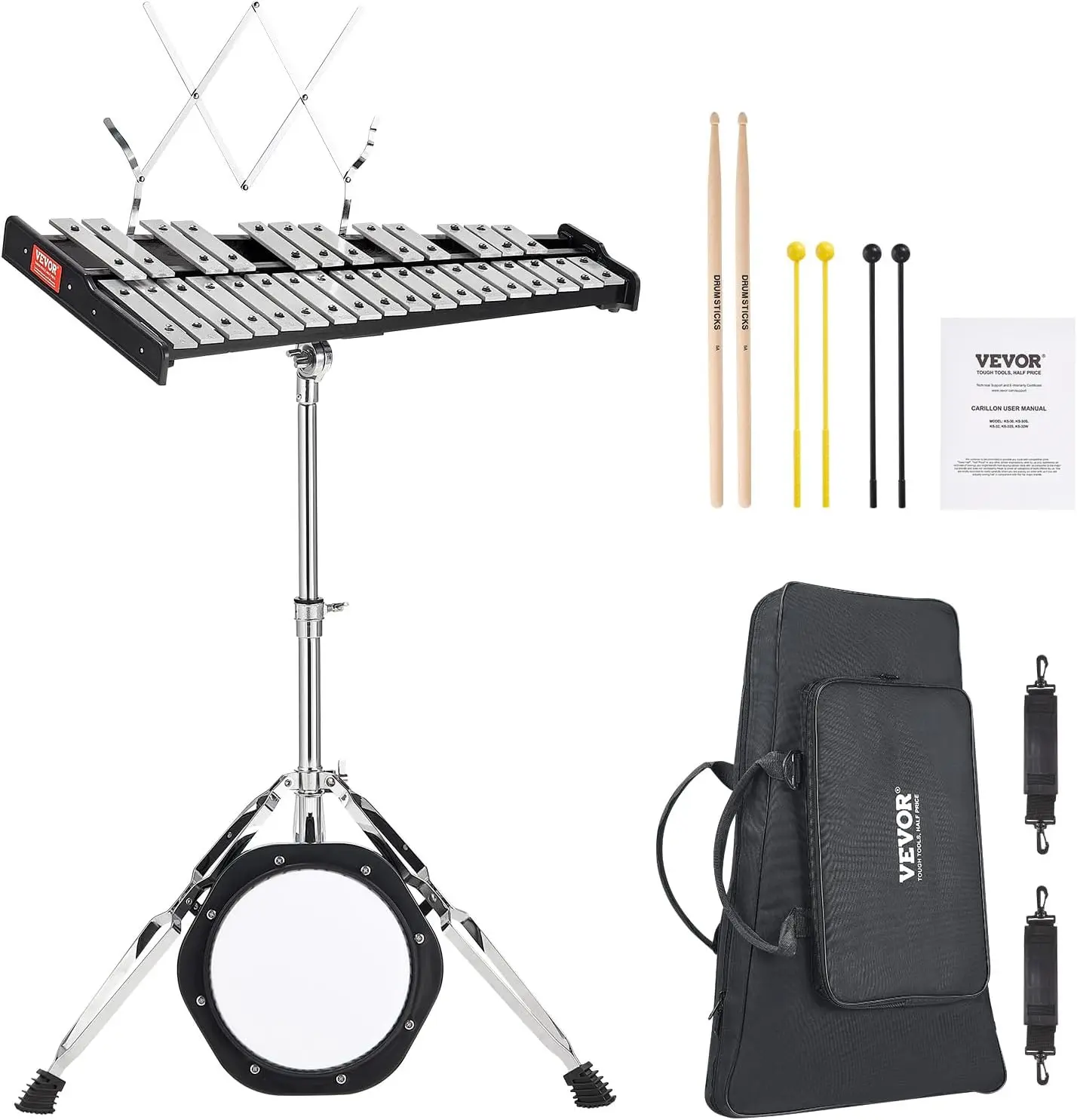 Set Instrumen Perkusi Profesional Kit Lonceng Gambang Glockenspiel 30 Note dengan Palu, Stik Drum, Musik, Alas Latihan 8"