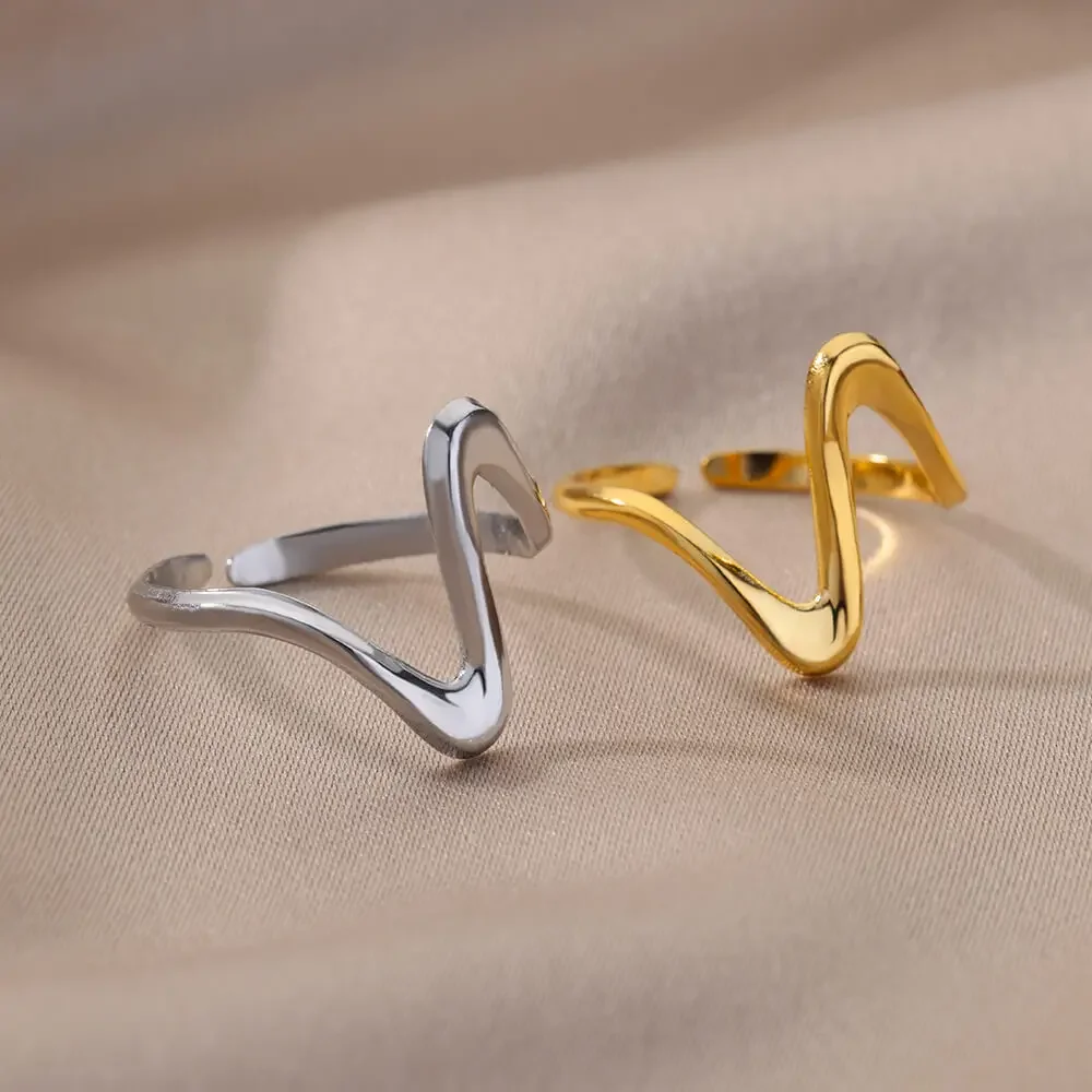 LATS Vintage Stainless Steel Geometric Wave Rings for Women Gold Color Adjustable Rock Ring Aesthetic Wedding Trend Jewelry Gift