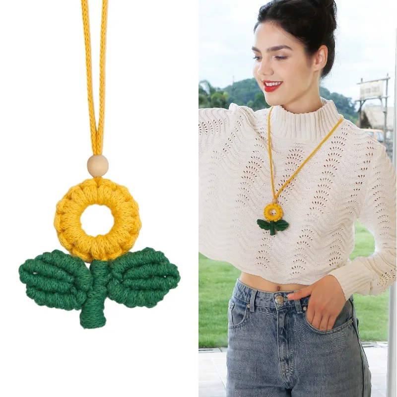 2023 Plant Flower Creative Design Sunflower Color Intangible Cultural Heritage Hand-woven Sweater Chain Necklace