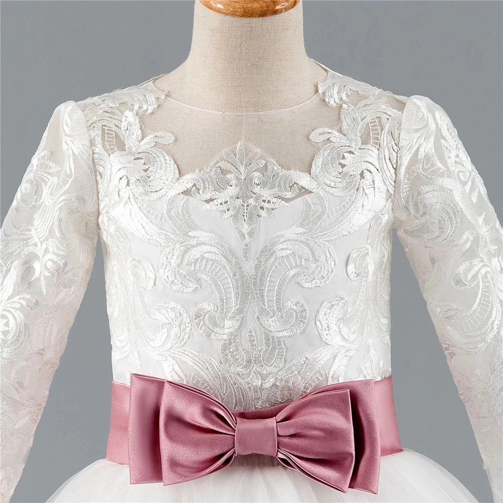 Robes de demoiselle d'honneur à manches 3/4 pour mariage, robes de première Communion longues avec nœud en Tulle pour petites filles