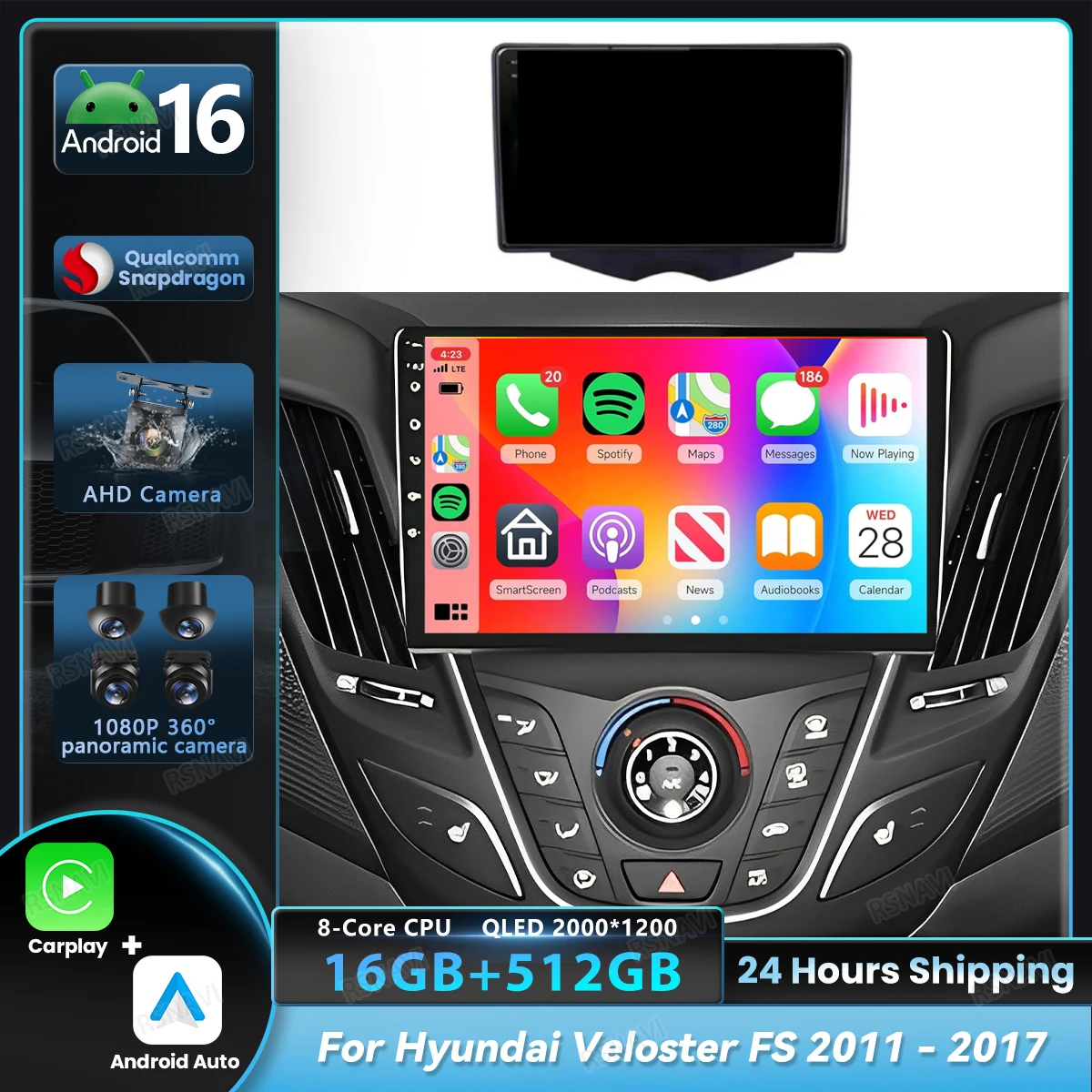 Мультимедийная автомобильная магнитола Android 16 Carplay для Hyundai Veloster FS 2011-2017 с процессором Qualcomm Snapdragon, Wi-Fi, 4G и DSP-стерео