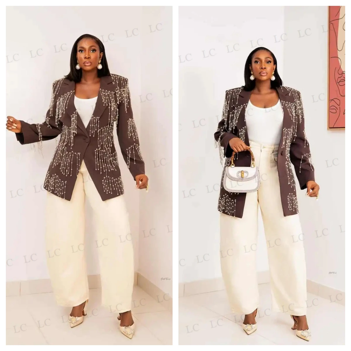 Elegant Women Suits Tassel 2 Pieces Blazer Pants Work One Button Peaked Lapel Pearls Beads Fashion Party Slim Plus Size Tailored