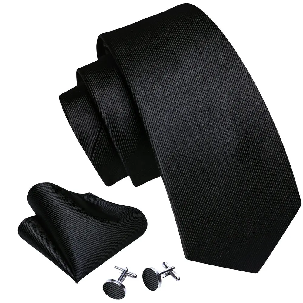 Black Men Necktie High Quality Solid Silk Woven Tie New Male Handkerchief Cufflinks Sets Business Party Formal Barry.Wang 6476