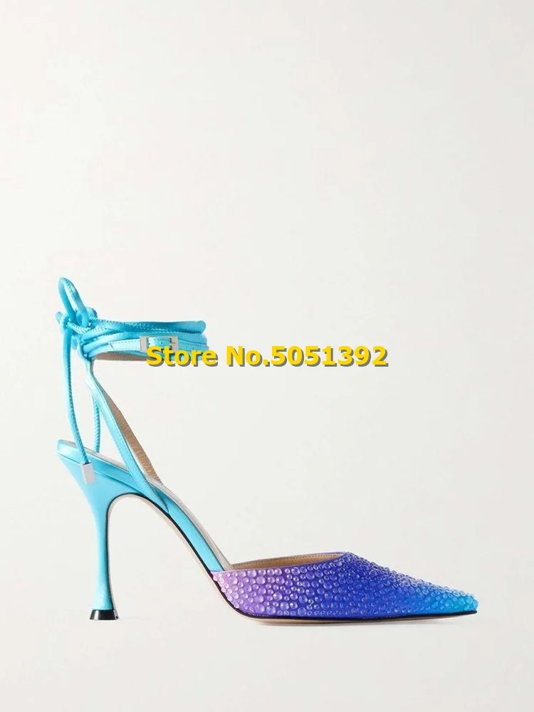 Gradient Crystal Ankle Lace Up Pumps Sexy Pointed Toe Thin High Heel Fashion 2024 Summer Spring Women Shoes Sky Blue Pink Shoes