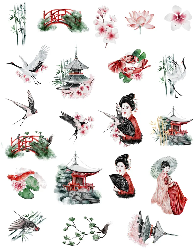 21Pcs/Pack Japanese Oriental Tradition Vintage Sticker DIY Craft Scrapbooking Album Junk Journal Decorative Stickers