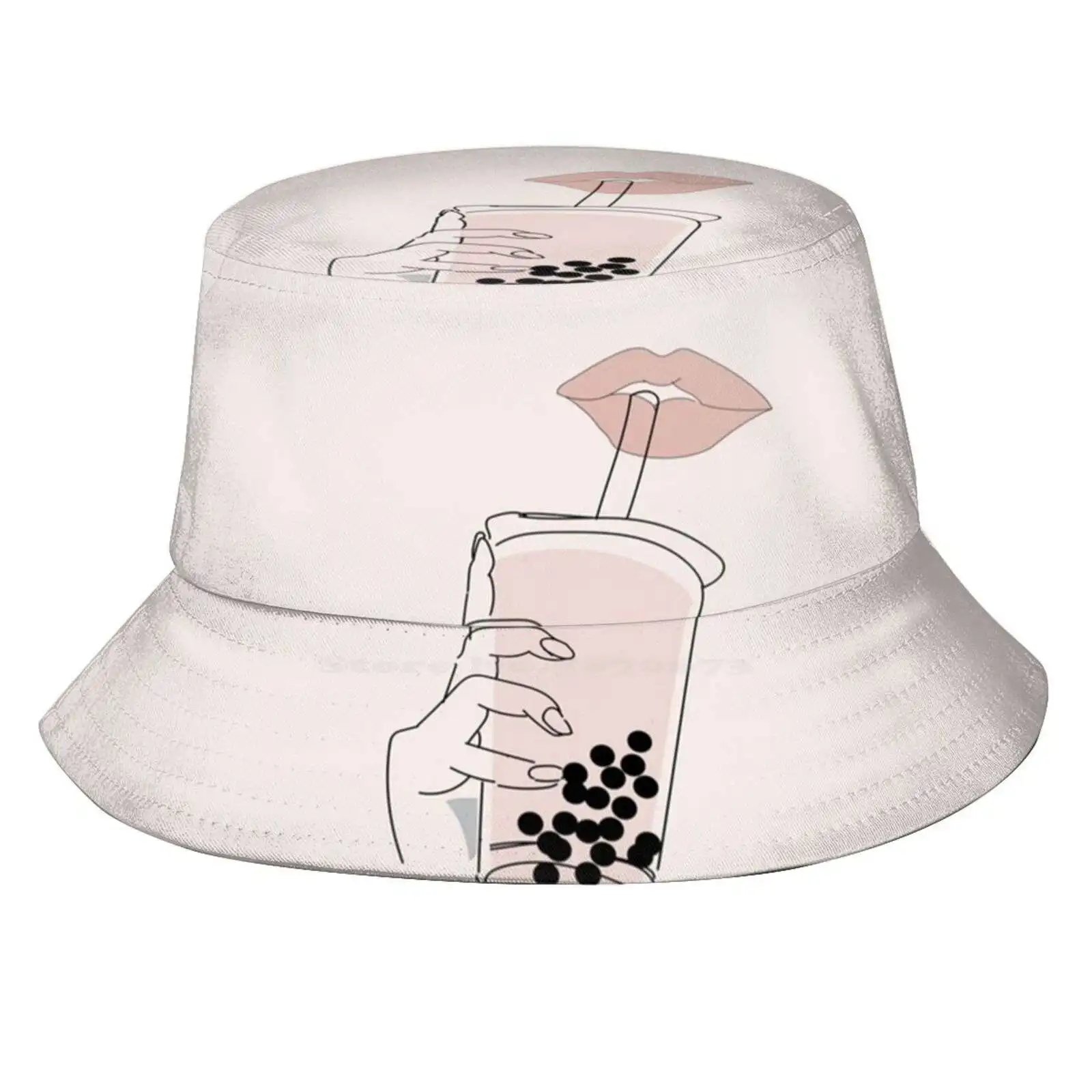 Boba Is Life Sun Cap Fisherman Hat Bucket Hats Boba Bubble Tea Milk Tea Line Art Minimal Neutrals Simple Bbt Hand Fingers