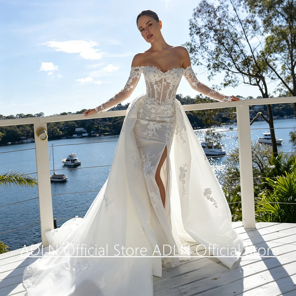 Vestidos de Novia Sirena para Mujer, Personalizados, con Escote Corazón, Mangas Largas, Apliques de Encaje y Cola de Corte