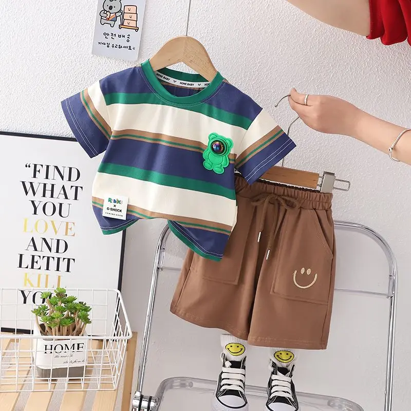 Cartoon Stripe Baby Boys' Short Sleeve Set Cotton Fashion Children's Girls' T-shirt Two Piece Set Handsome Summer 0-5 Years Old