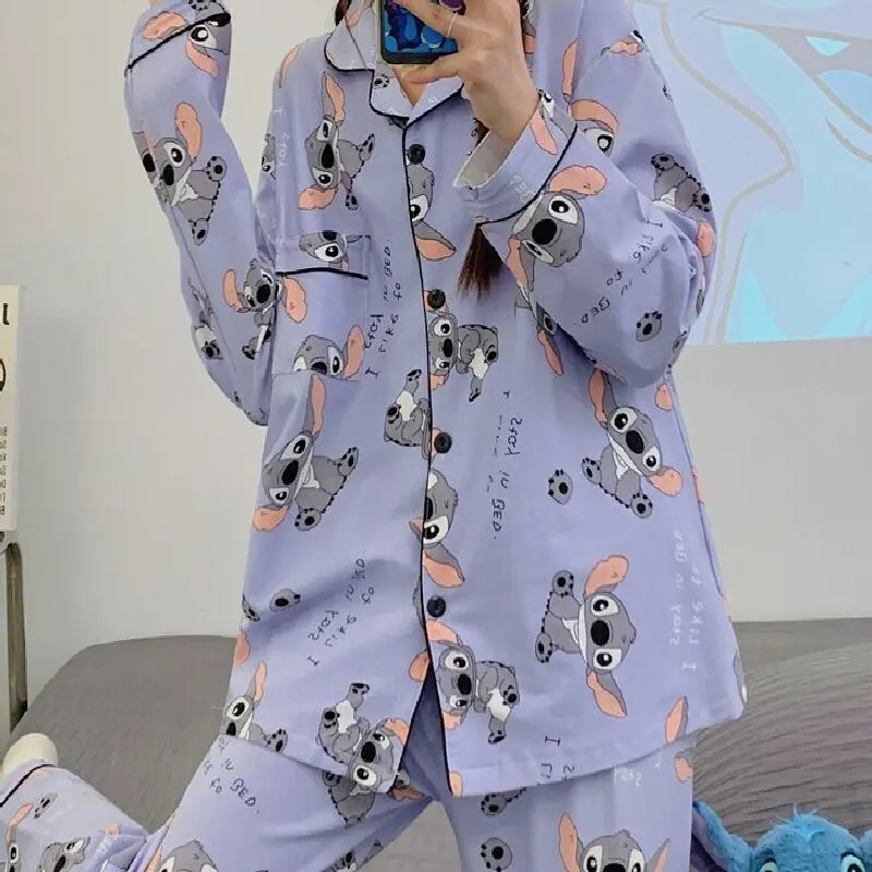 Versatile Casual Cartoon Stitch Sleepwear Women\'s Spring and Autumn Long Sleeved Two-piece Set Pijama Pajama Sets Pyjamas Sleep