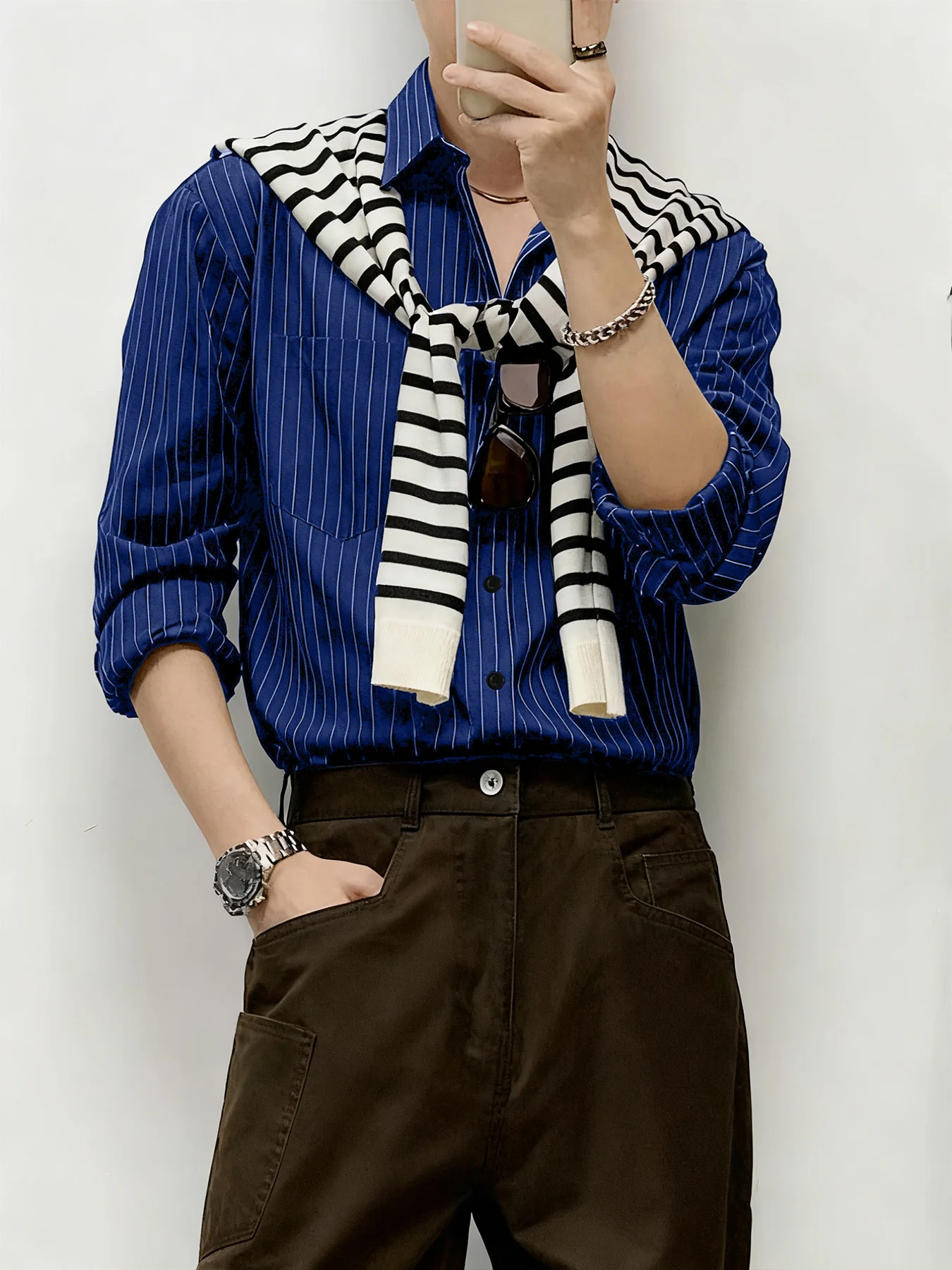 

Spring and Autumn Men's Trendy Striped Shirt with Turn-Down Collar, High-End Feel, Casual Shirt for Men