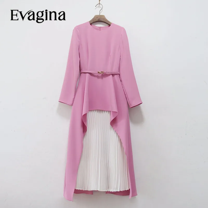 Evagina High Street Fashion Designer Dress Women's Round Collar Long Sleeves With Belt Two-Tone High Waist Slim Pleated Dress