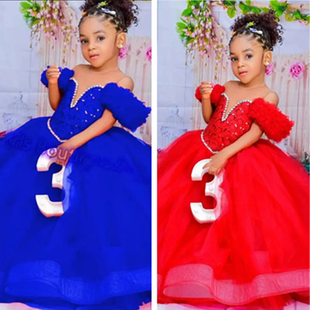 

Flower Girl Dresses Red Kids Birthday Sheer Neck Pleated Ruffles Tiered Tulle Ball Gowns for Wedding