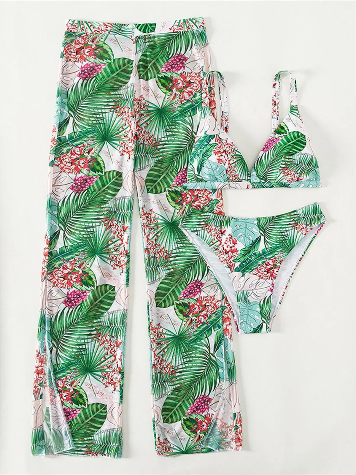 

New Leaves Printed With Beach Pants Bikini Female Swimsuit Women Swimwear Three-pieces Bikini set Bather Bathing Suit Swim K4337