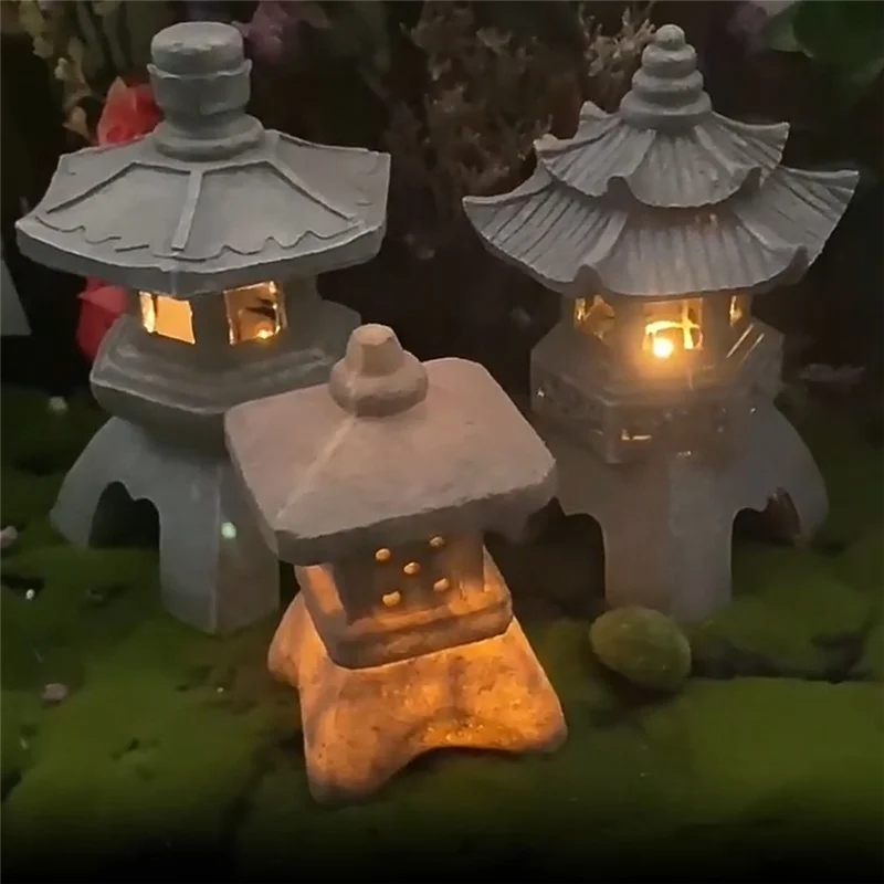 ABLU-Garden Accessory Ornament Solar Powered Resin Pagoda Lantern Palace Lanterns Tower Statue Solar Lamp Garden Decor A Easy In