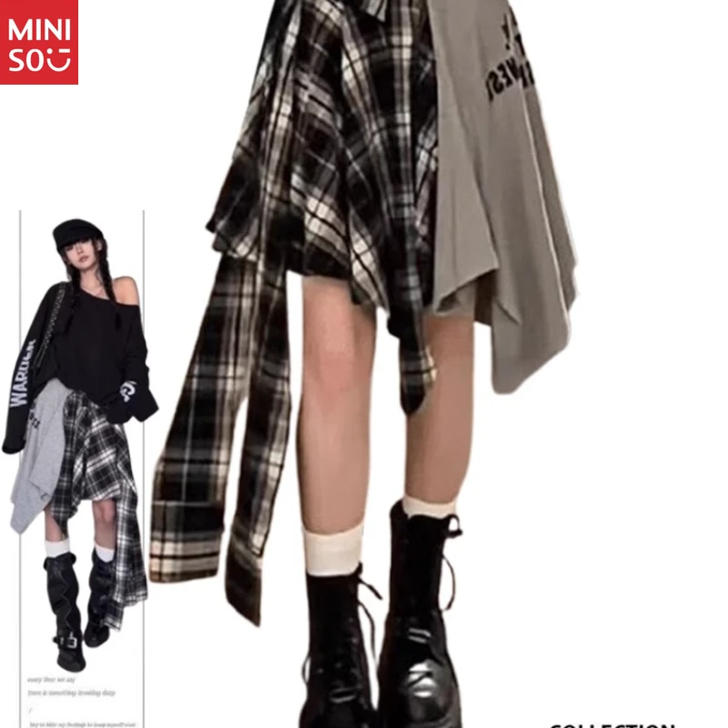 

Юбка в клетку Miniso больших размеров, асимметричное миди 2025 года, американский ретро-стиль Baddie