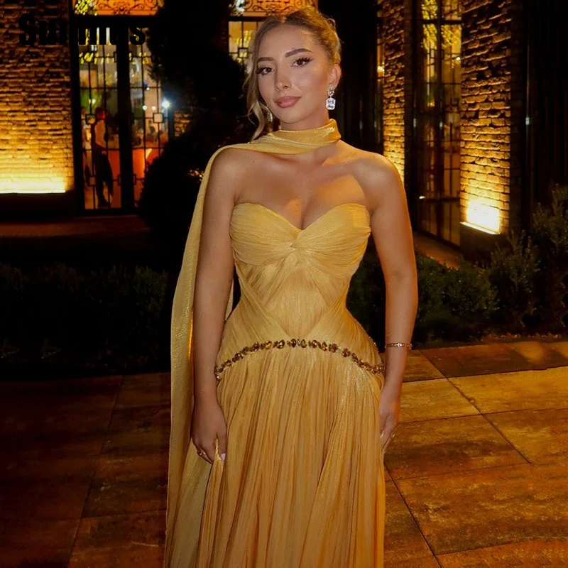 

Sumnus Charming Straight Gold Prom Dress Sweetheart Pleats Sleeveless Beads Party Dresses Floor-Length Evening Dress Customized