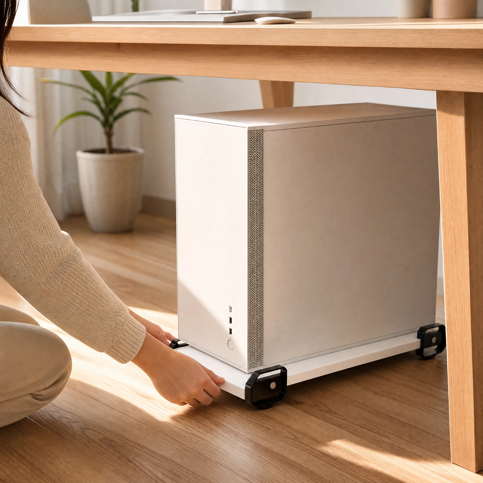 MDF Rolling Stand with Caster Wheels Mobile PC Computer Case Stand with Wheels Under-Desk Equipment Cart Compact Computer Holder
