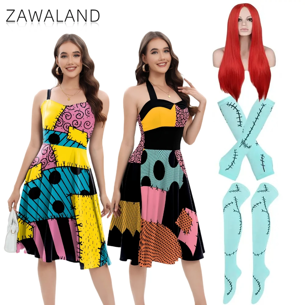 

Halloween Sally Dresses Cosplay Costume Woman A-line Slip Dress and Wig Socks Set Carnival Party Outfit Christmas Movie Dress Up