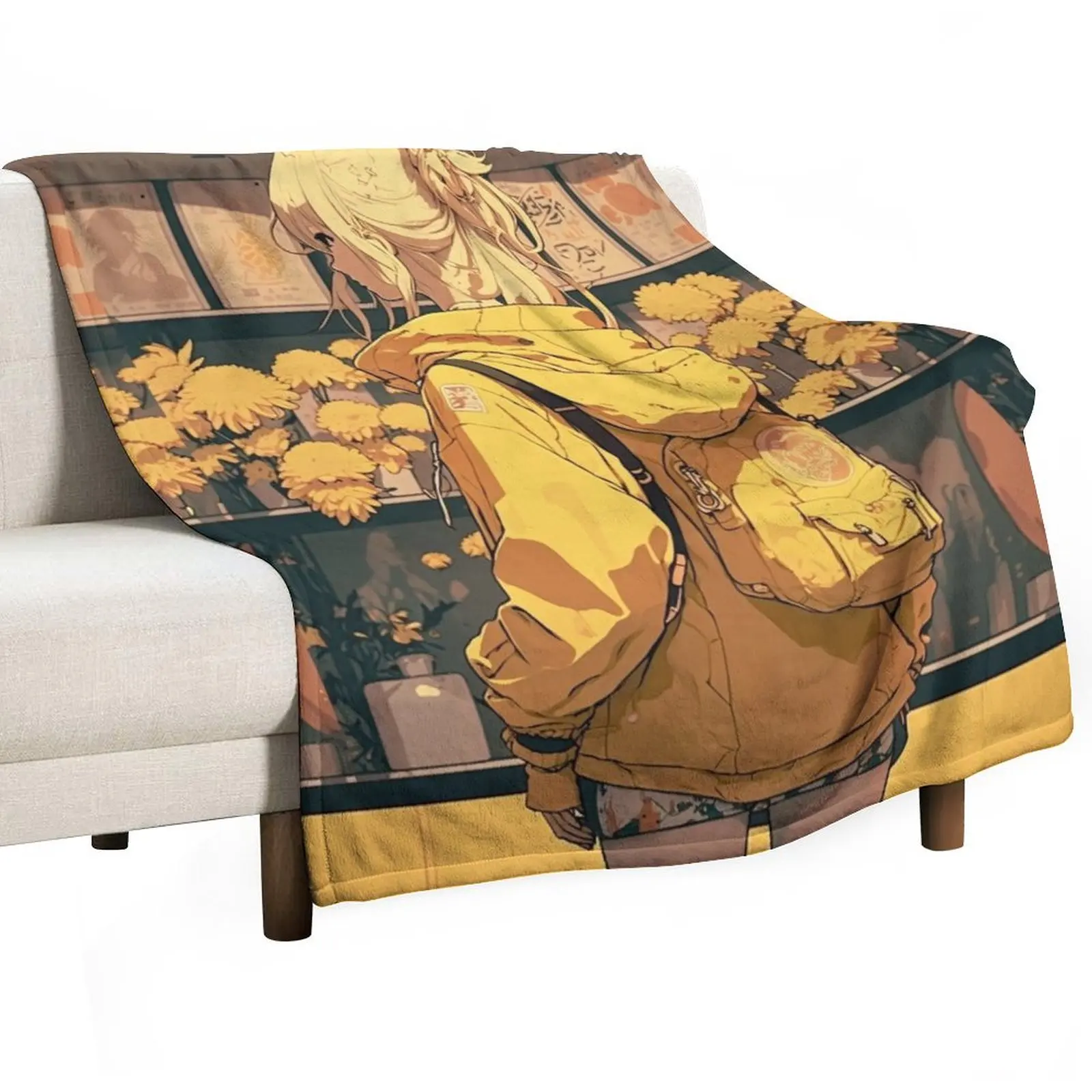 

Japanese Aesthetic Anime of a Yellow Blossom World Throw Blanket Furry Warm Custom Extra Large Throw Blankets