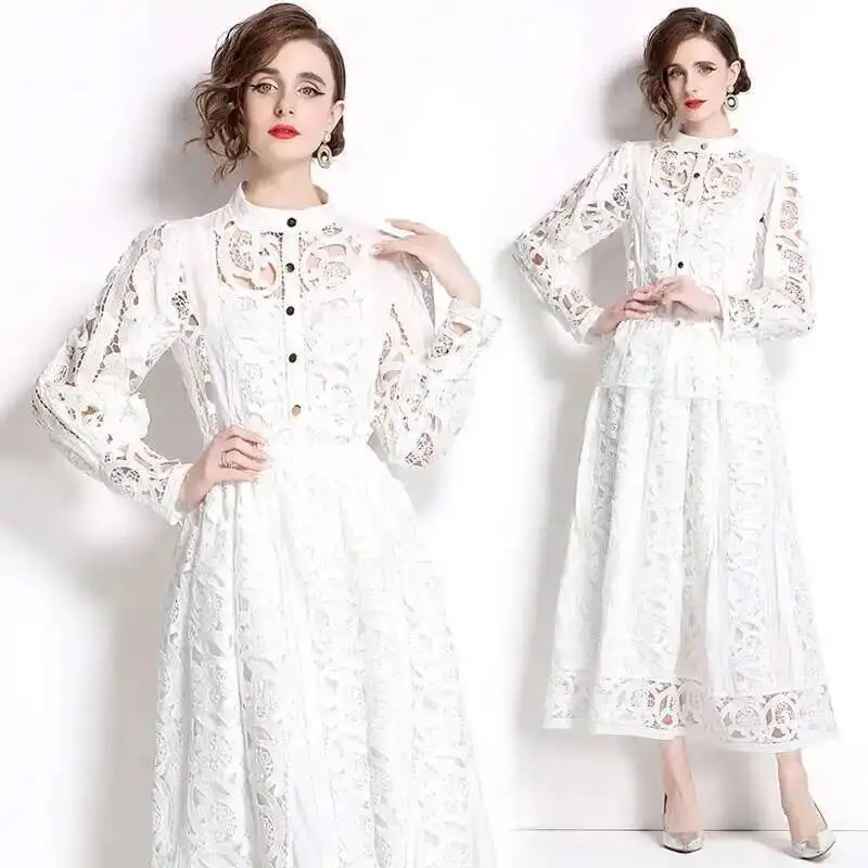 Summer Autumn Flower Embroidery White Lace Two Piece Women Set Shirt Tops And Midi Skirts Suits Fashion Outfits