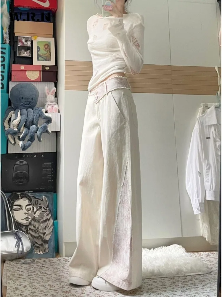 2024 Summer Women's Casual Basics Solid Color Jeans Vintage Loose Burr Edge Pants Y2K Wide Leg White Baggy Denim Trouser