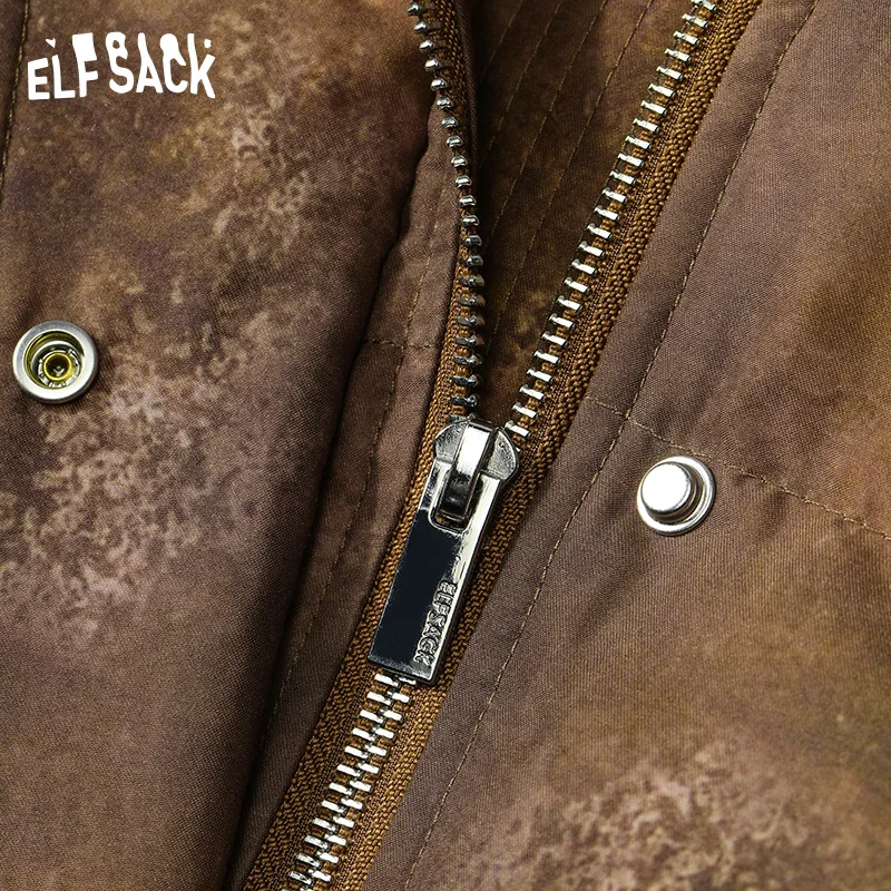 Elfsack-ヴィンテージコーヒープリントウォームフード付きジャケット、ロングダウンコート、2024、冬、新着